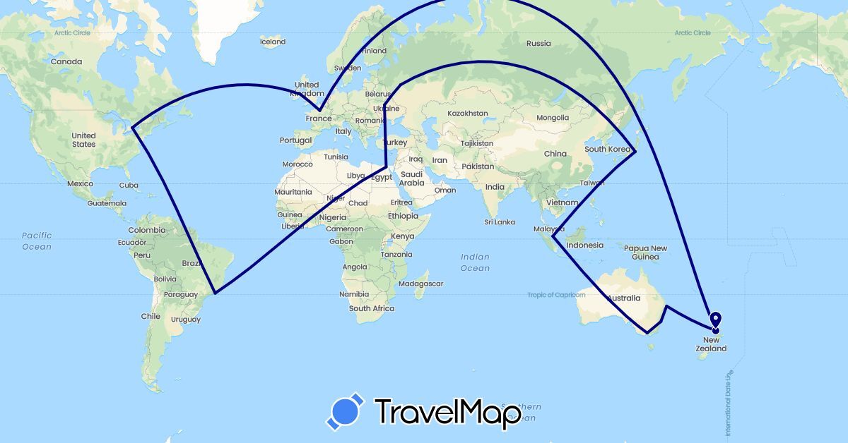 TravelMap itinerary: driving in Australia, Brazil, Canada, Egypt, France, Ireland, Japan, New Zealand, Russia, Singapore, Ukraine (Africa, Asia, Europe, North America, Oceania, South America)